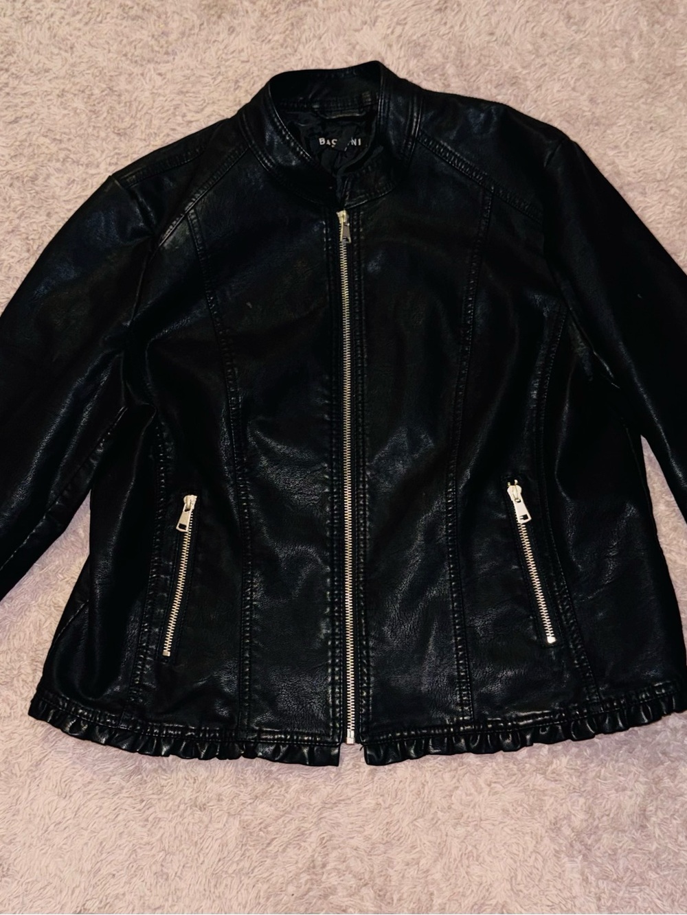 Baccini Black Faux Leather Moto Jacket with Zip Pockets
